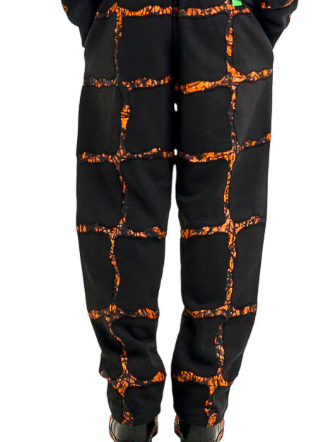 FIRE Orange and Black Cotton and Hand Dyed Adire Sweatpants - Nigerian-made