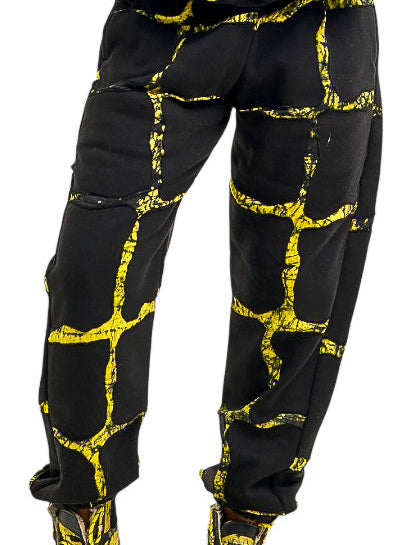 FIRE Yellow and Black Cotton and Hand Dyed Adire Sweatpants - Nigerian-made