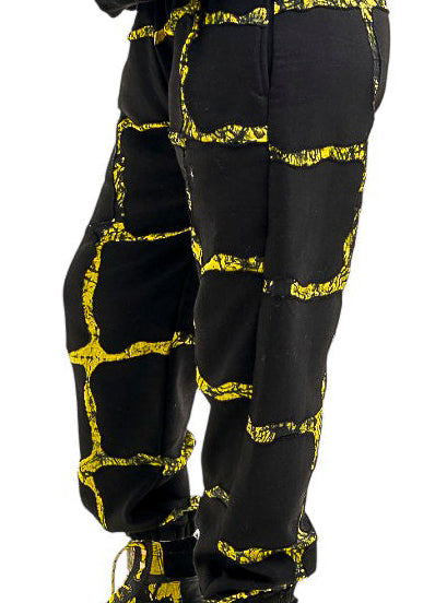 FIRE Yellow and Black Cotton and Hand Dyed Adire Sweatpants - Nigerian-made