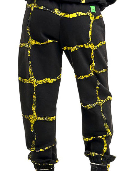 FIRE Yellow and Black Cotton and Hand Dyed Adire Sweatpants - Nigerian-made